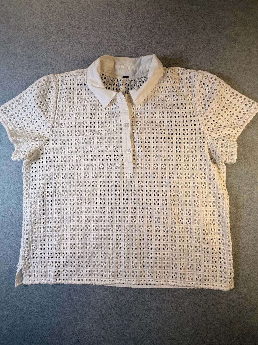 Free People Anna Eyelet Polo Top Size XL White Crochet Short Sleeve